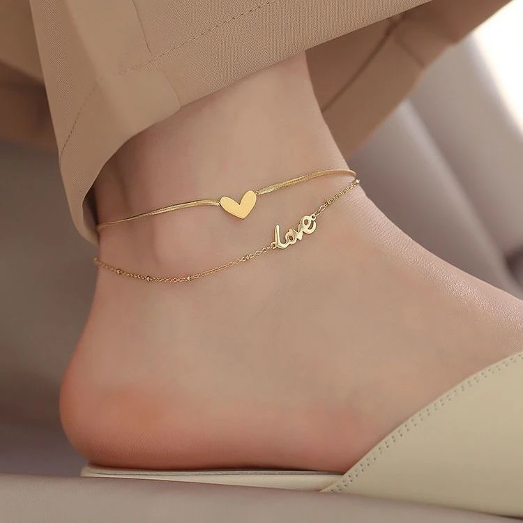 钛钢脚链 新款双层爱心Love金色脚链女ins冷淡风森系简约网红潮流