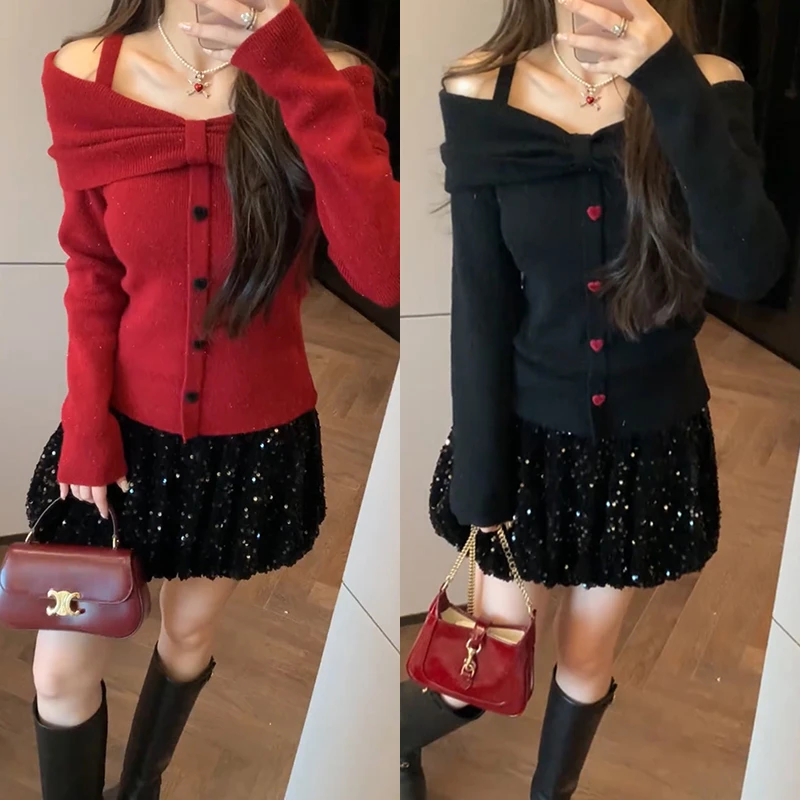 【mimius】&B游鹿鹿 一字肩纯欲风蝴蝶结爱心扣针织衫 汉服 WF11133