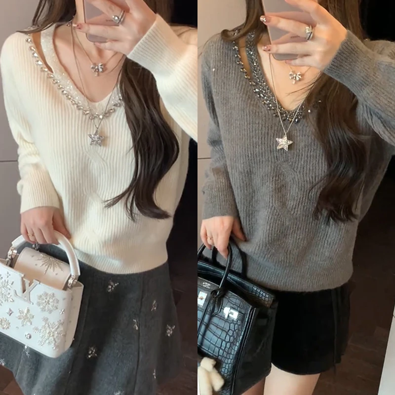 【mimius】B游鹿鹿 设计感镂空V领钉珠混纺打底衫 WF11073