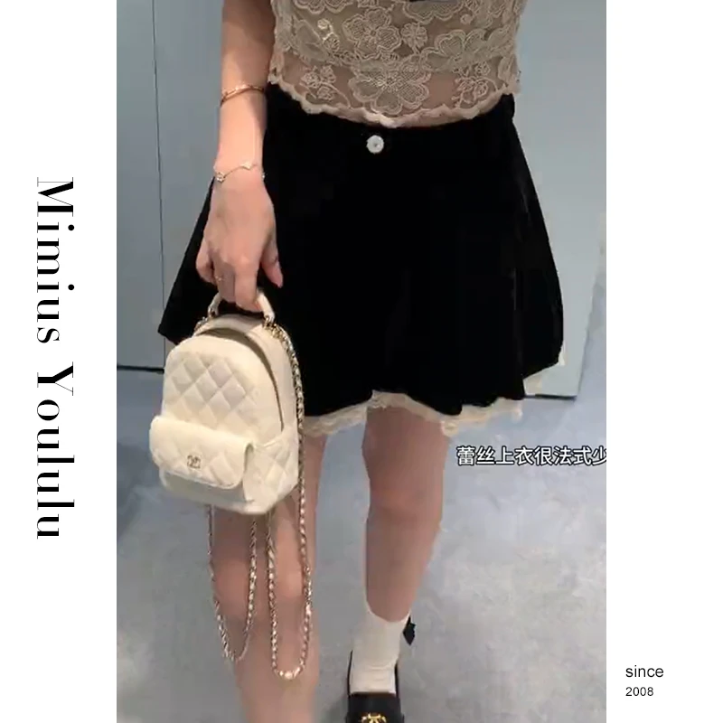 【mimius】七七 【复古派对】复古丝绒蕾丝拼接短裤 F07274