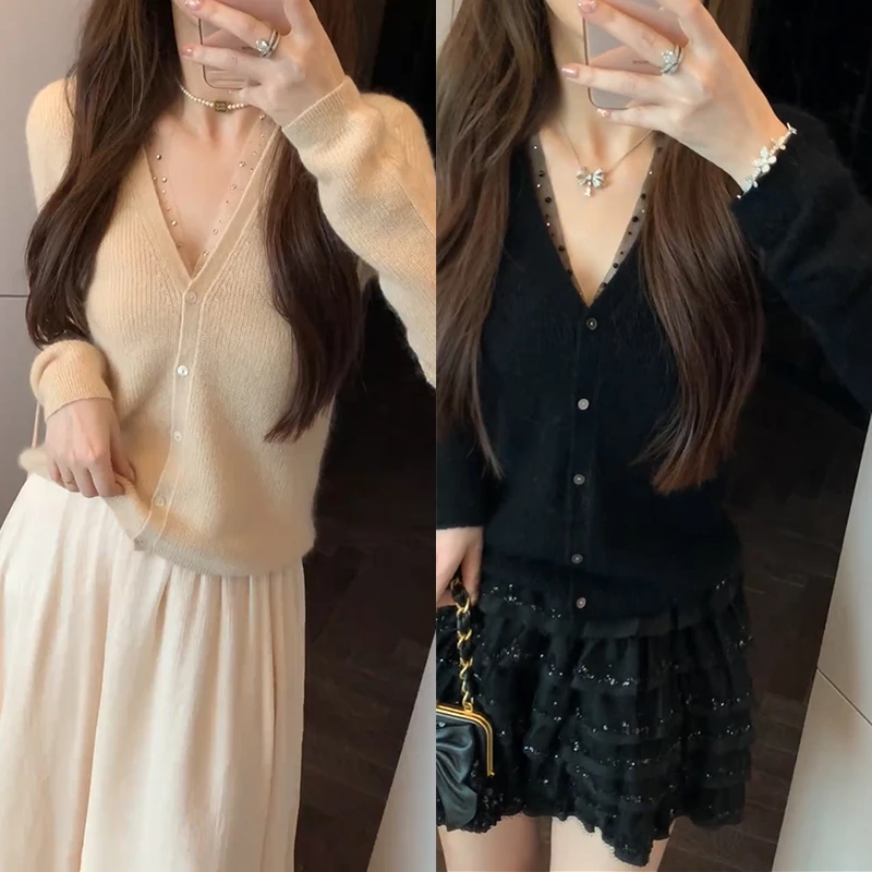 【mimius】七七 高奢线浣熊绒羊 毛混纺网纱拼接V领毛衣 WF09060