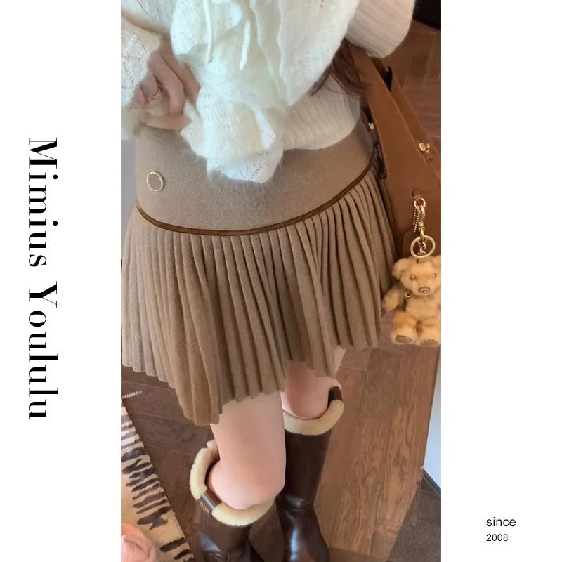 【mimius】&喵喵 复古羊 毛毛呢撞色百褶裙裤 F10047