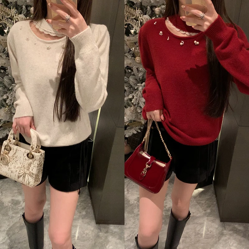 【mimius】喵喵 重工钉珠镂空蕾丝拼接软糯毛衣 WF11045