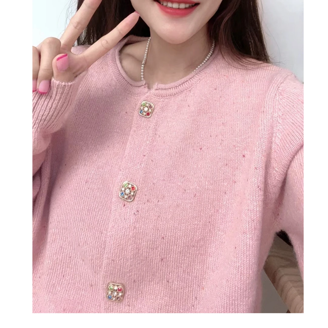 宝石扣点子纱针织厚开衫
