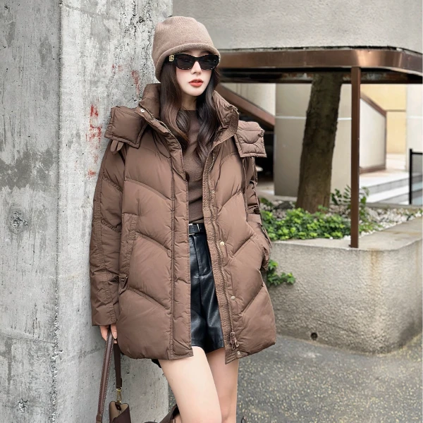 【福鼎老白】2024冬季百搭保暖爆款白鸭绒飘带中长款羽绒服5823