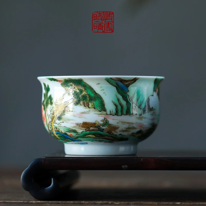 快雪时晴茶具古彩山水人物渔船大炉式杯品茗杯主个人饮杯功夫茶道