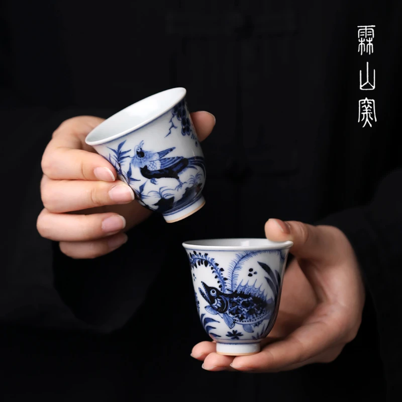 霖山窑茶具仿元青花锦鸡葡萄撇口闻香杯品茗杯主个人饮杯功夫茶道