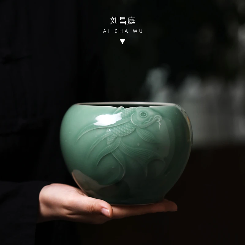 龙泉青瓷刘昌庭茶具锦鲤望月水洗建水水盂陶瓷渣方笔洗功夫茶道