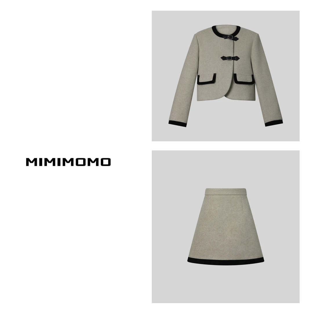 MIMO觅墨「浅雪山茶」小香风外套+高腰A字半身裙 套装
