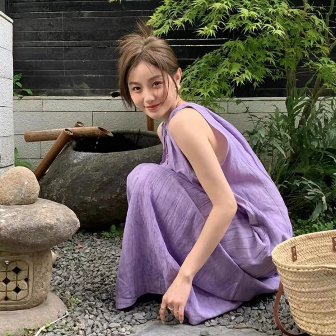 清凉轻柔浪漫扎染亚麻优可丝混纺无袖连衣裙宽松连衣裙女装连衣裙