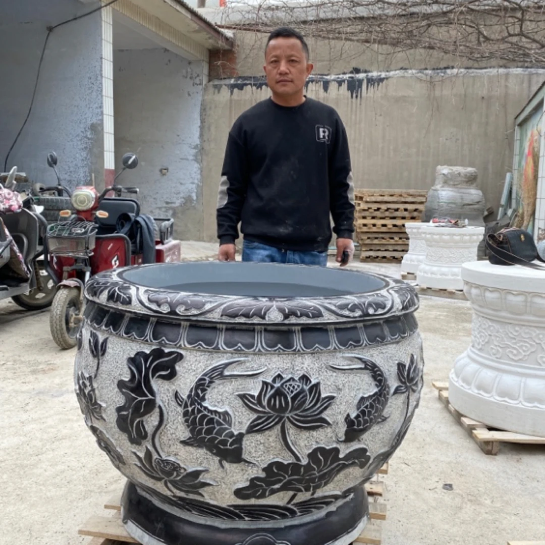 1米直径大理石荷花鱼缸花盆石缸门海水缸庭院设计