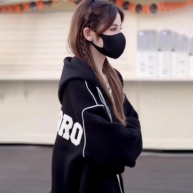 韩版慵懒风加厚加绒连帽卫衣休闲秋冬新款宽松拉链开衫外套上衣