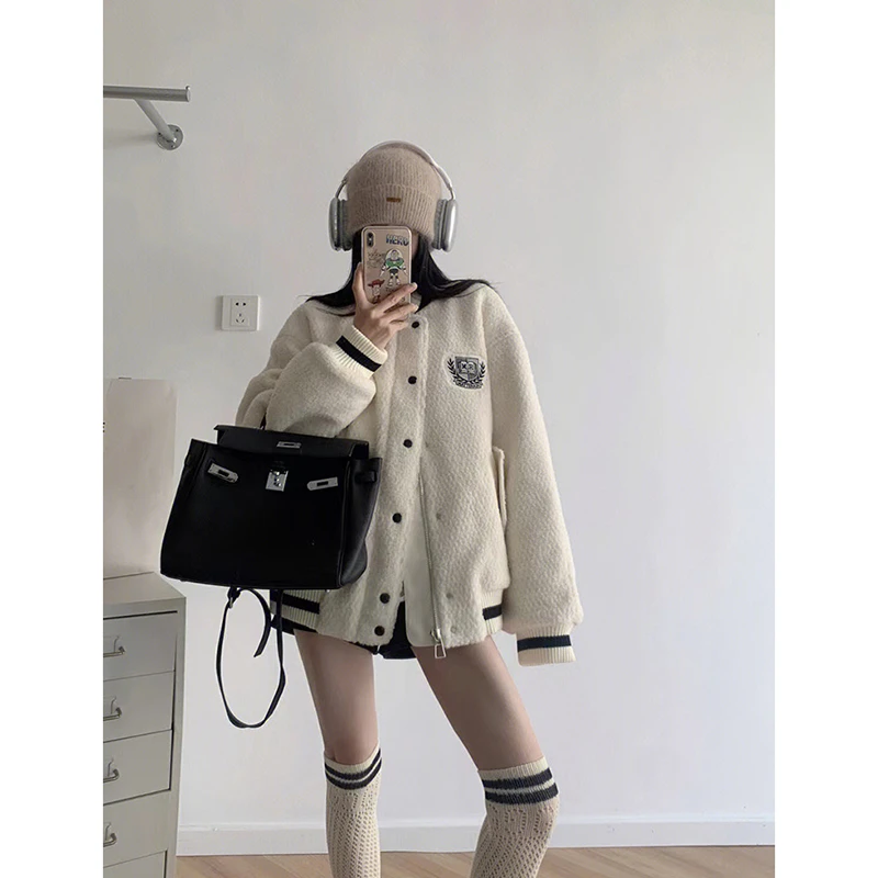 浅杏秋冬开衫棒球服新款韩系休闲毛呢加绒加厚外套冬韩版百搭上衣