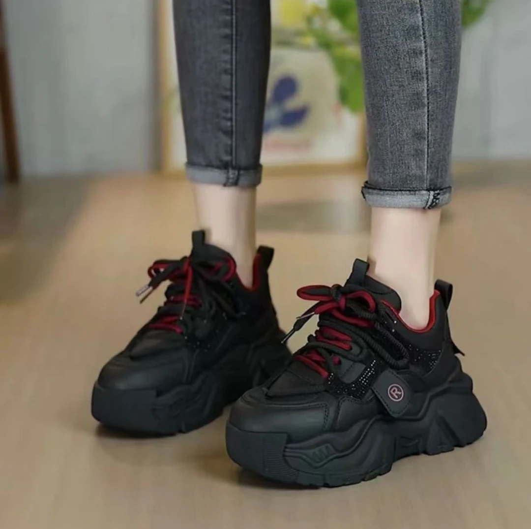 真皮老爹鞋女2025新款春季厚底增高显脚小带钻定制百搭休闲运动鞋