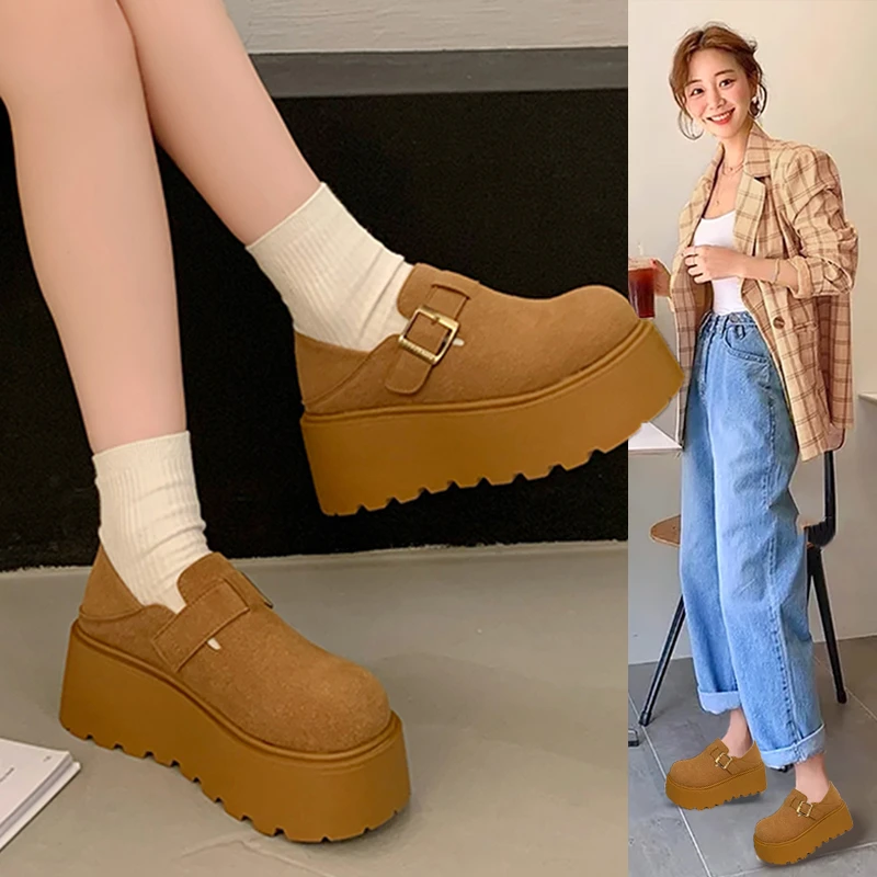 松糕厚底增高勃肯鞋女2024新款秋冬季一脚蹬乐福鞋加绒博肯二棉鞋