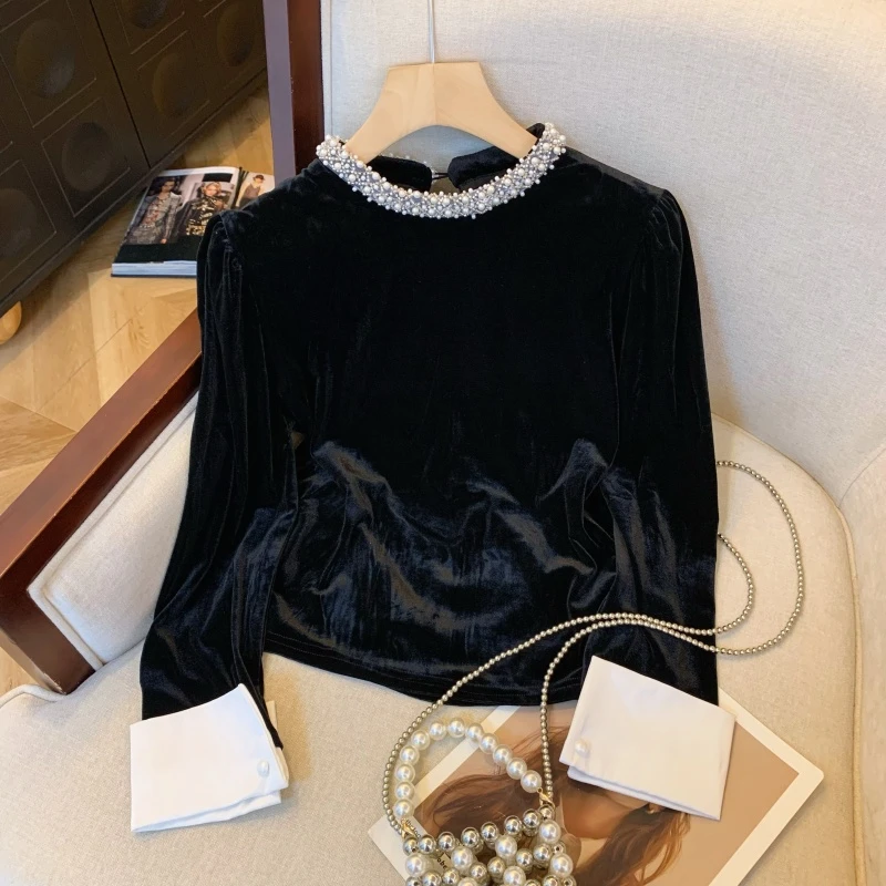 赫本风优雅丝绒钉珠珠打底衫女秋季2025秋冬新款气质小香风衬衫