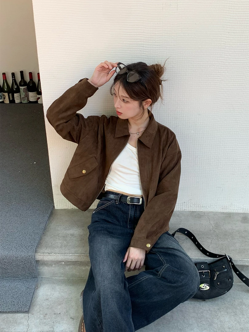 百搭甜酷俏皮棕色麂皮短外套春秋女短款拉链翻领美式冬季复古夹克