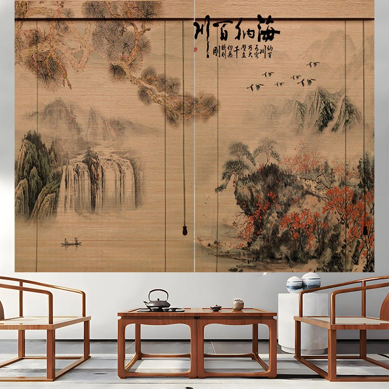 新中式竹帘挂画客厅背景墙禅意挂帘玄关书房茶室复古卷轴装饰帘子