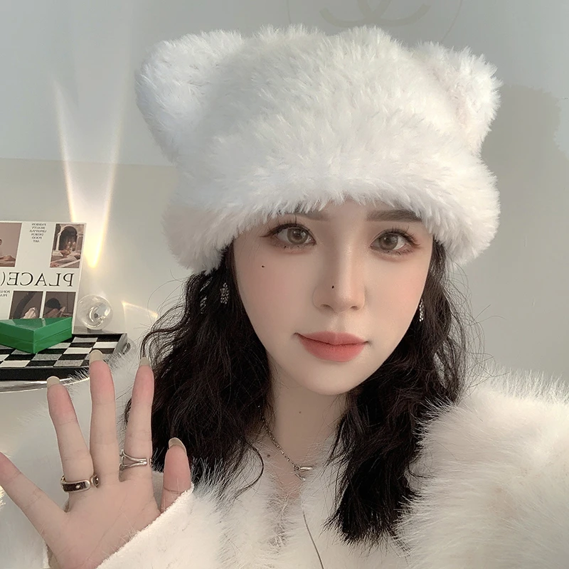 可爱甜美小熊耳朵针织帽女秋冬毛绒绒保暖护耳毛线帽韩版套头帽子