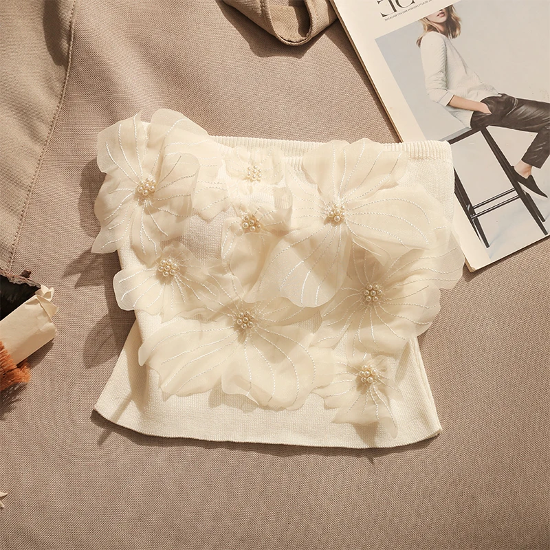 法式重工钉珠立体花朵抹胸背心女夏季设计感修身短款露背无袖上衣