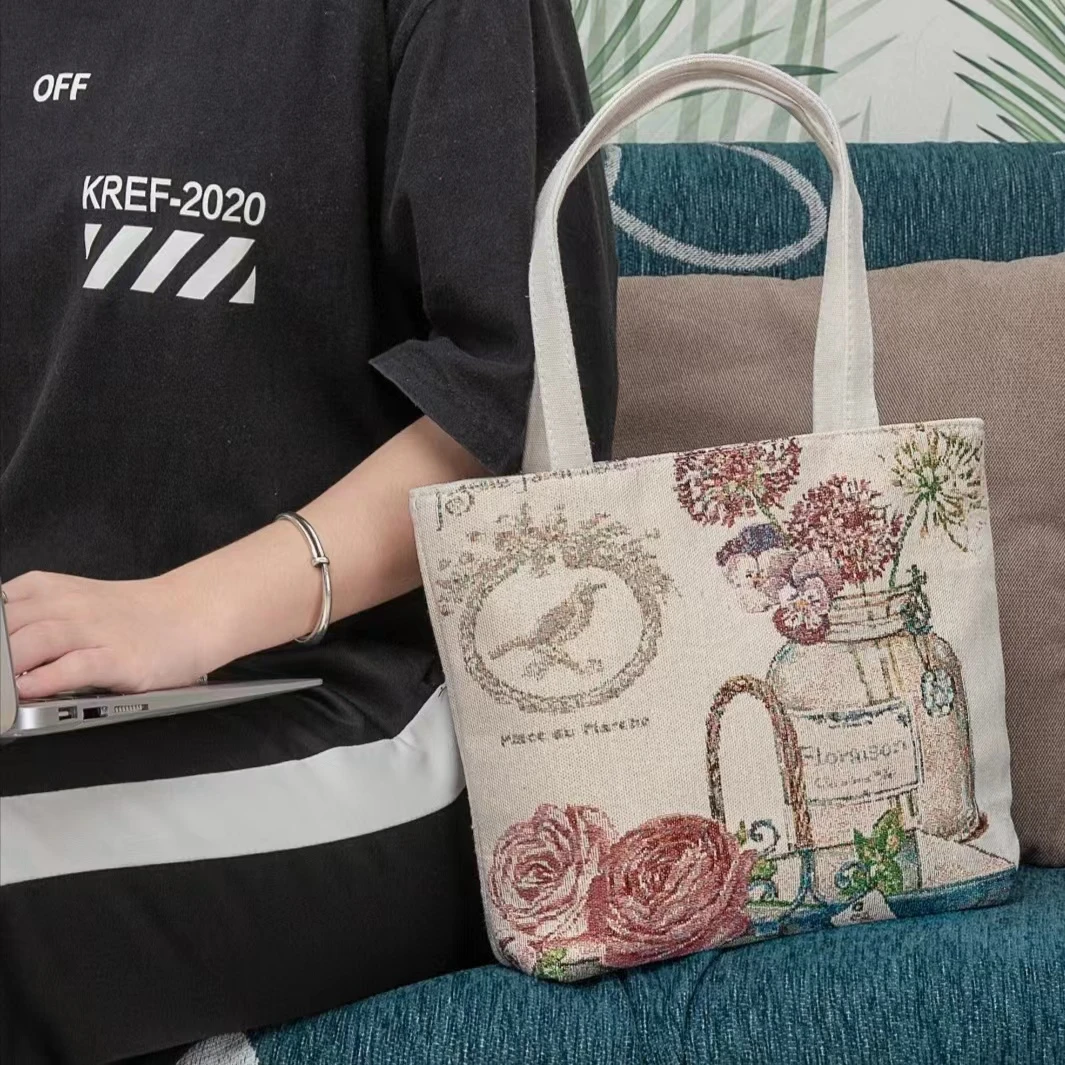 时尚瓶中花女包帆布提花刺绣耐磨通勤上班族百搭休闲单肩手提包包