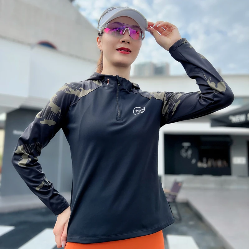冬季速干加绒迷彩连帽上衣女士运动外套健身磨毛跑步服长袖套头