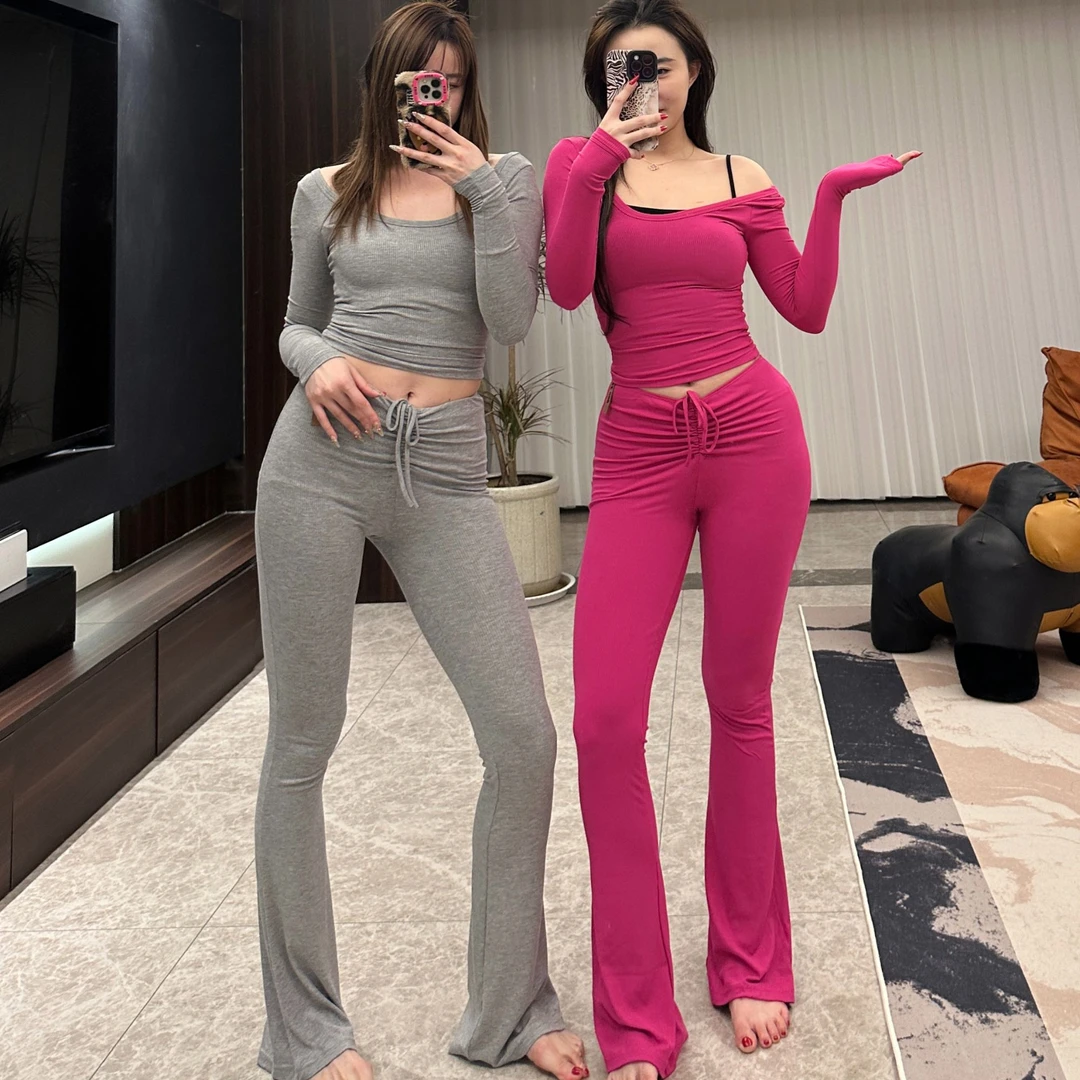 RoseOno自制芭蕾网红显瘦气质时尚紧身弹力长袖微喇外穿休闲套装