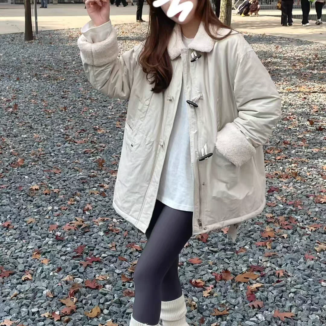 2024秋冬羊羔毛拼接加厚派克服韩系文艺设计感保暖棉服骑行外套