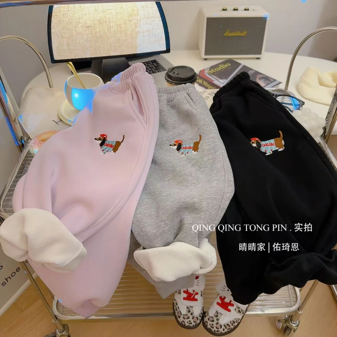 儿童加绒裤子宝宝冬季加厚休闲运动裤洋气小狗刺绣加绒卫裤卡通