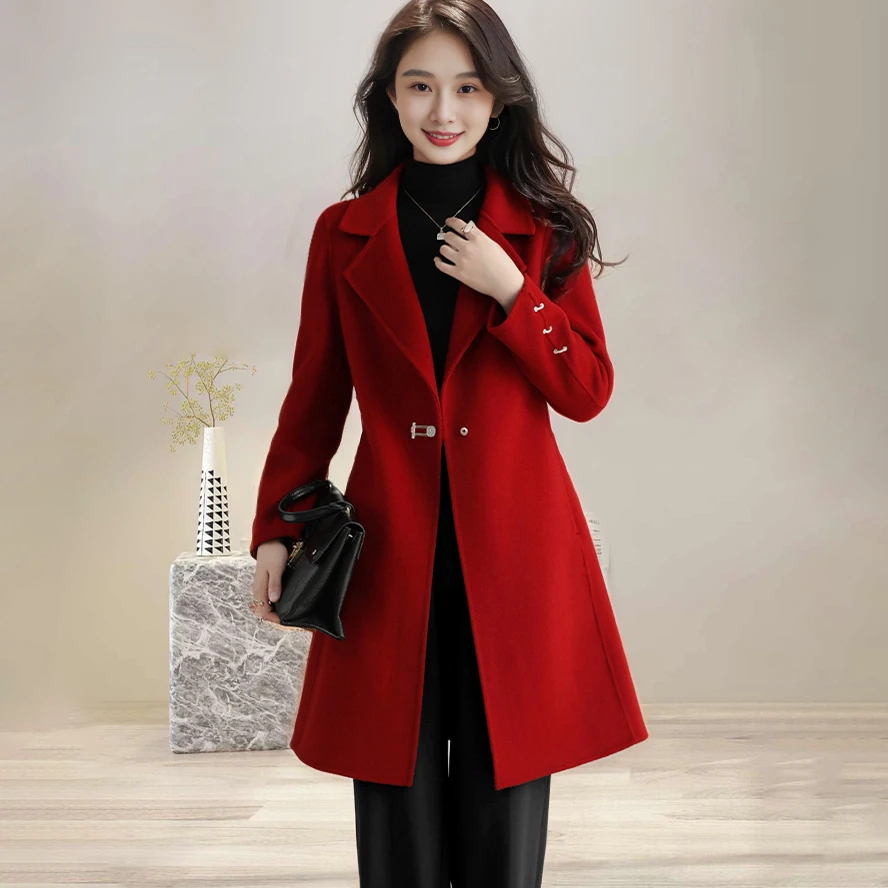 新款高档双面呢羊毛大衣女中长款洋气秋冬西装领毛呢外套时尚呢子