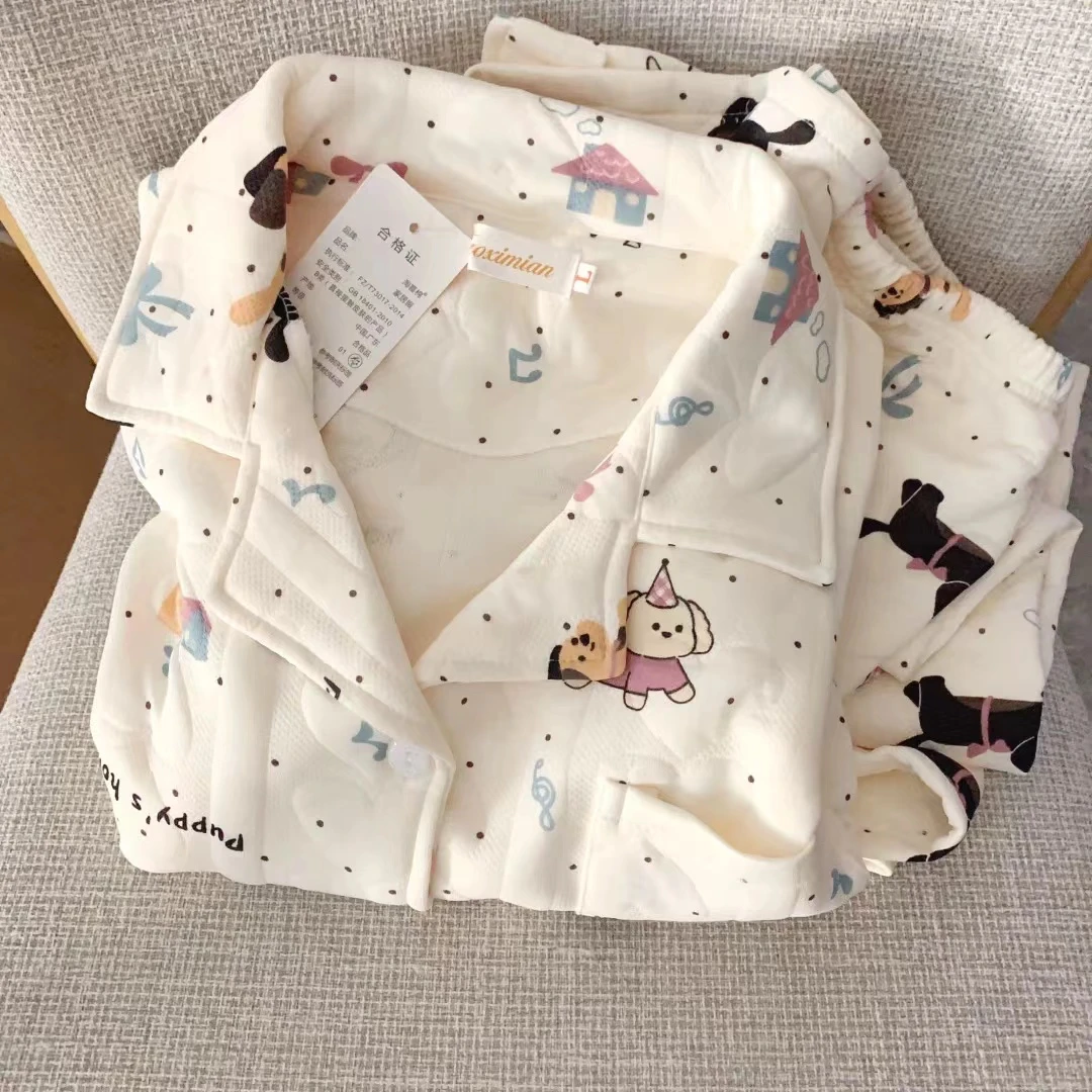 秋冬季加厚睡衣女空气夹层棉新款韩版可爱狗狗长袖长裤家居服套装