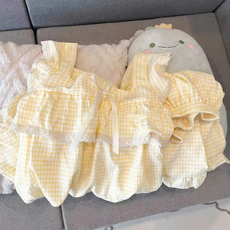 带胸垫黄色格子睡衣女夏季云朵棉吊带短裤套装简约休闲性感家居服