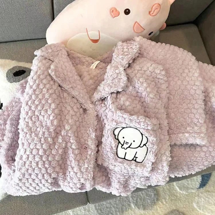 紫色小象睡衣女秋冬季珊瑚绒加厚加绒长袖套装卡通可爱外出家居服