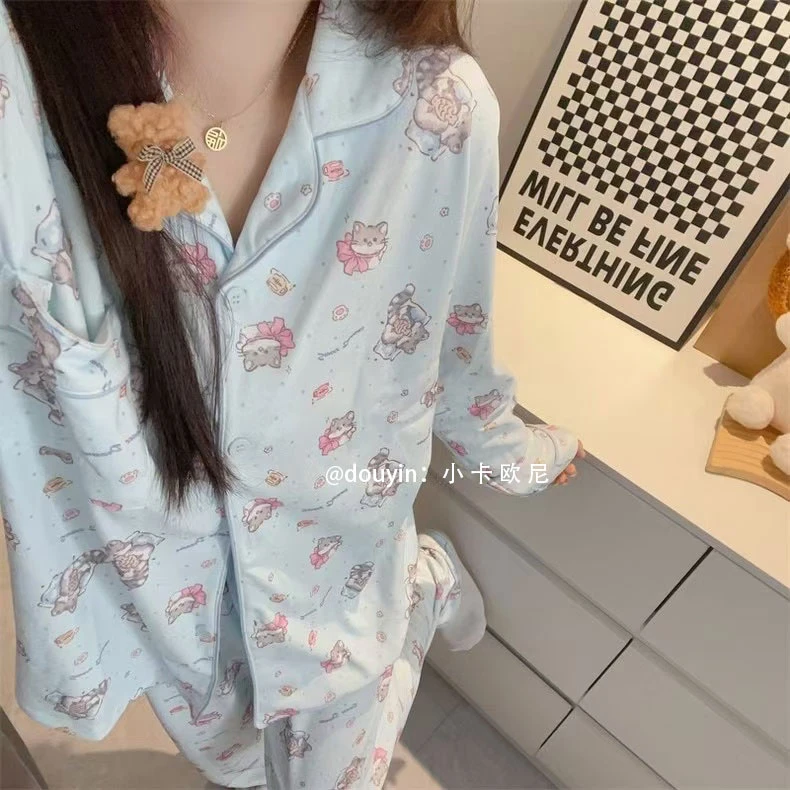 秋冬季加厚睡衣女开衫蓝色小猫咪简约韩版家居服长袖长裤德绒套装