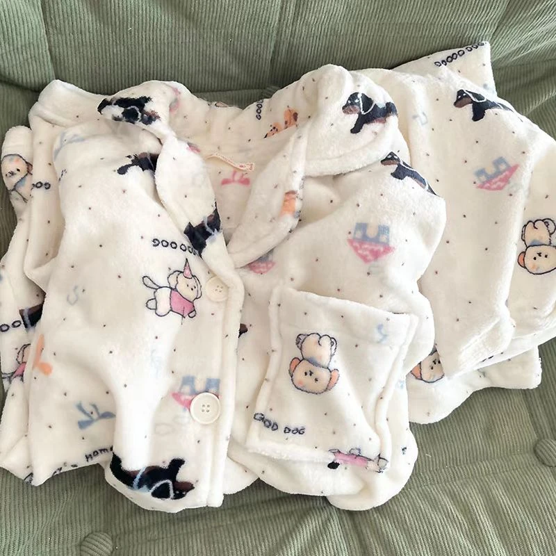 日系可爱卡通小狗图案珊瑚绒睡衣女秋冬季加绒加厚冬天家居服套装