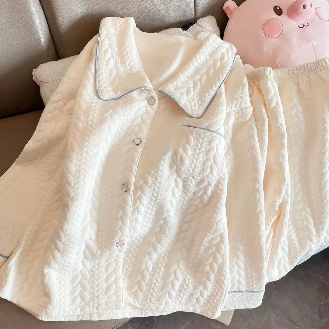 睡衣女款春秋冬季空气棉套装2023新款高级感纯色夹棉家居服可外穿