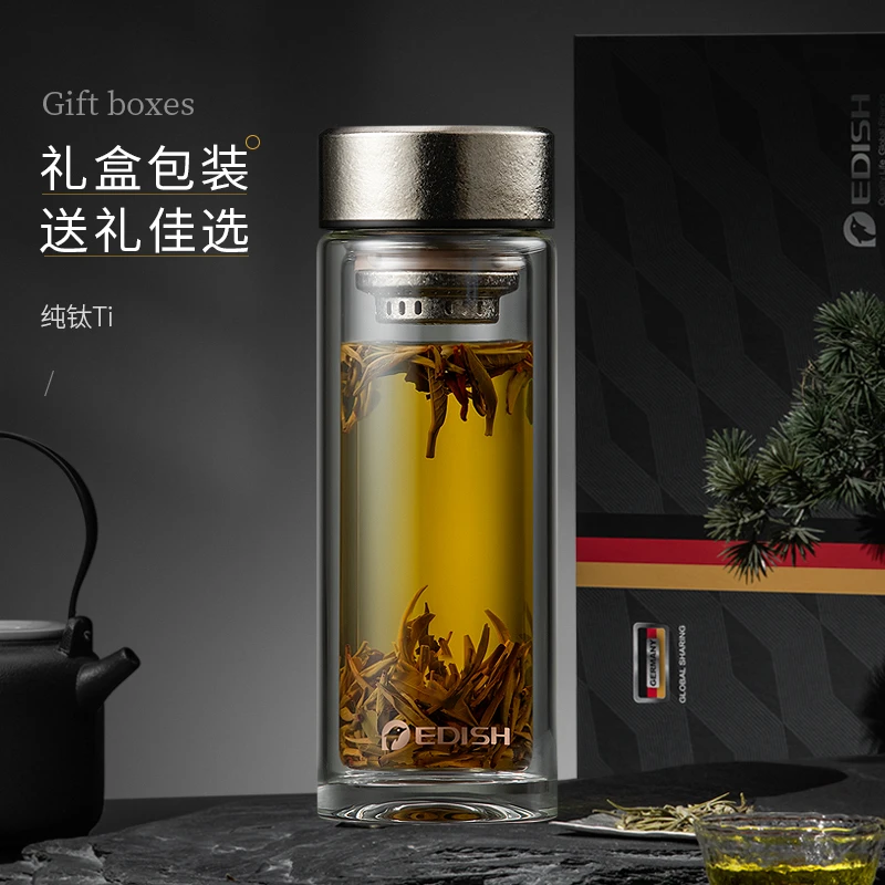 EDISH/壹滴水高硼硅玻璃杯加厚双层耐热保温纯钛茶隔过滤茶渣