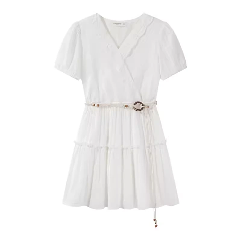 【现现】白色蕾丝拼接V领连衣裙夏甜美显瘦气质小众短裙Y40642145