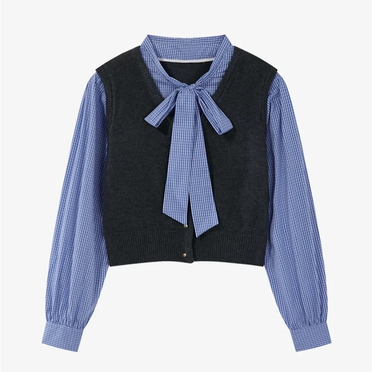 羊城故事-复古假两件马甲衬衫女2024秋冬新款保暖宽松上衣563