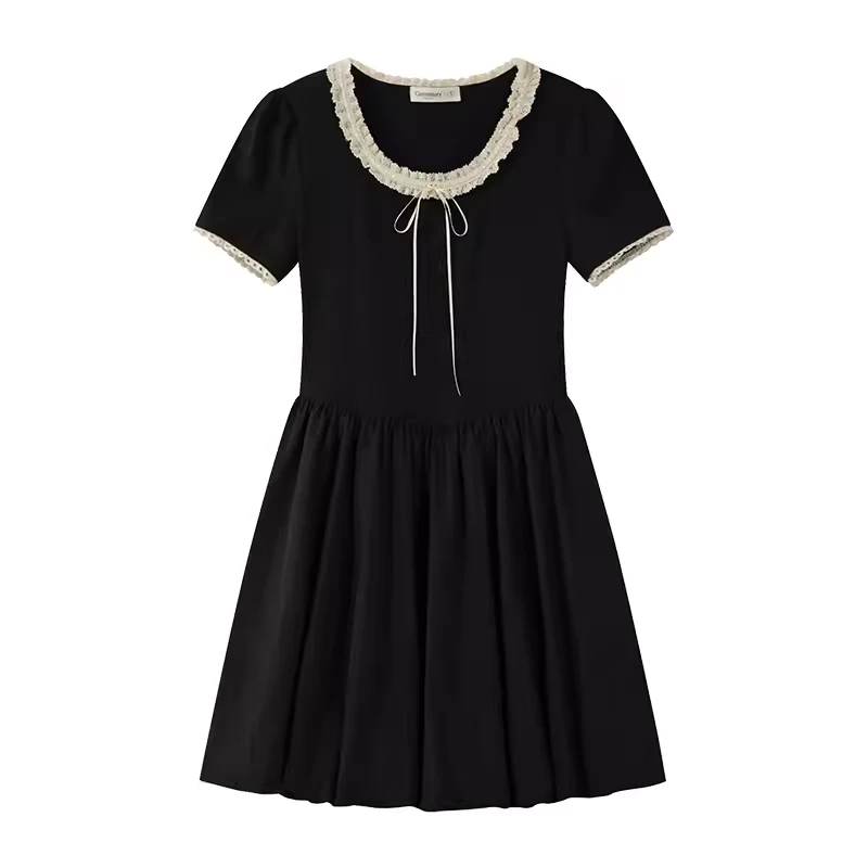 【现现】设计感黑色拼接花边连衣裙减龄修身显瘦a字裙Y40743239