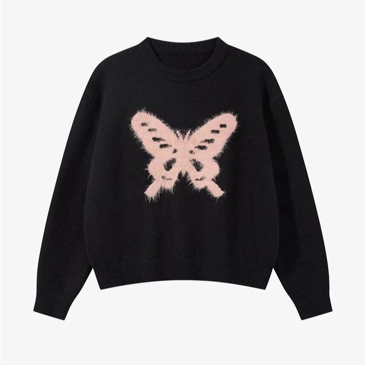 羊城故事-甜辣蝴蝶宽松黑色毛衣秋冬季圆领高级慵懒上衣Y41146504