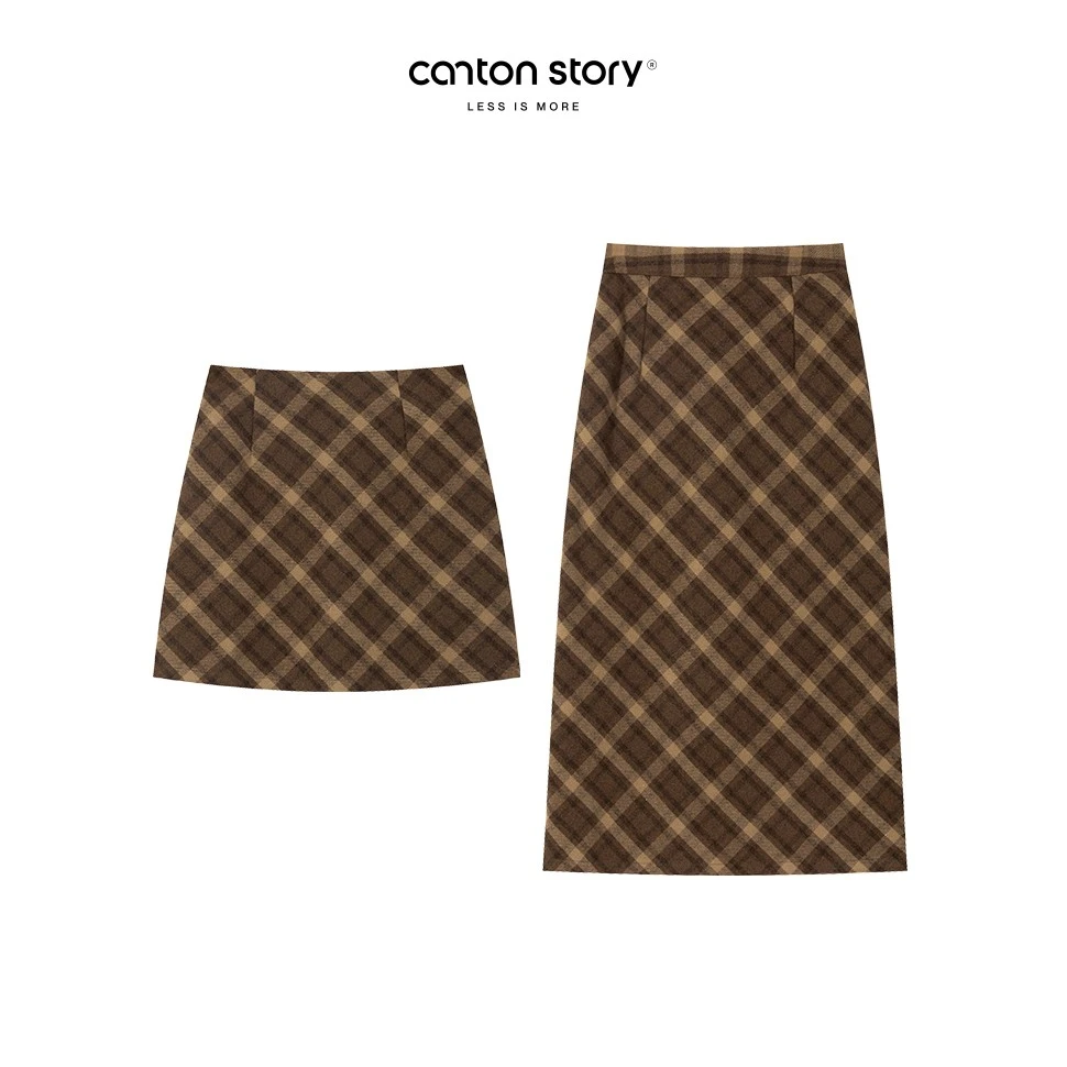 羊城故事-复古撞色咖色高腰格纹直筒半裙学院风格子短裙5029HJ