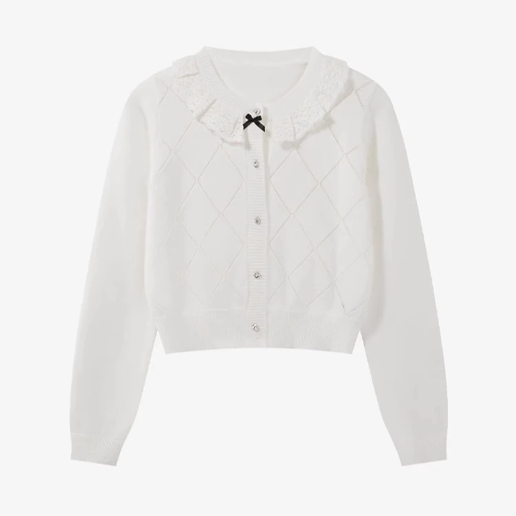 【现现专场】娃娃领蕾丝拼接圆领毛衣女针织菱格纹上衣Y40945656