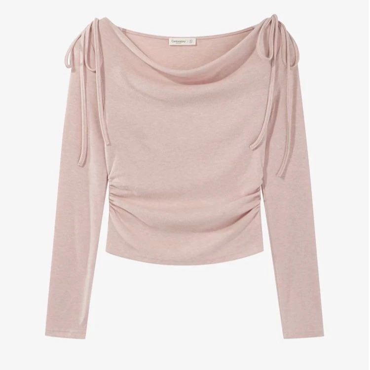 羊城故事-韩系温柔风粉色露肩长袖t恤设计感显瘦上衣Y40945657