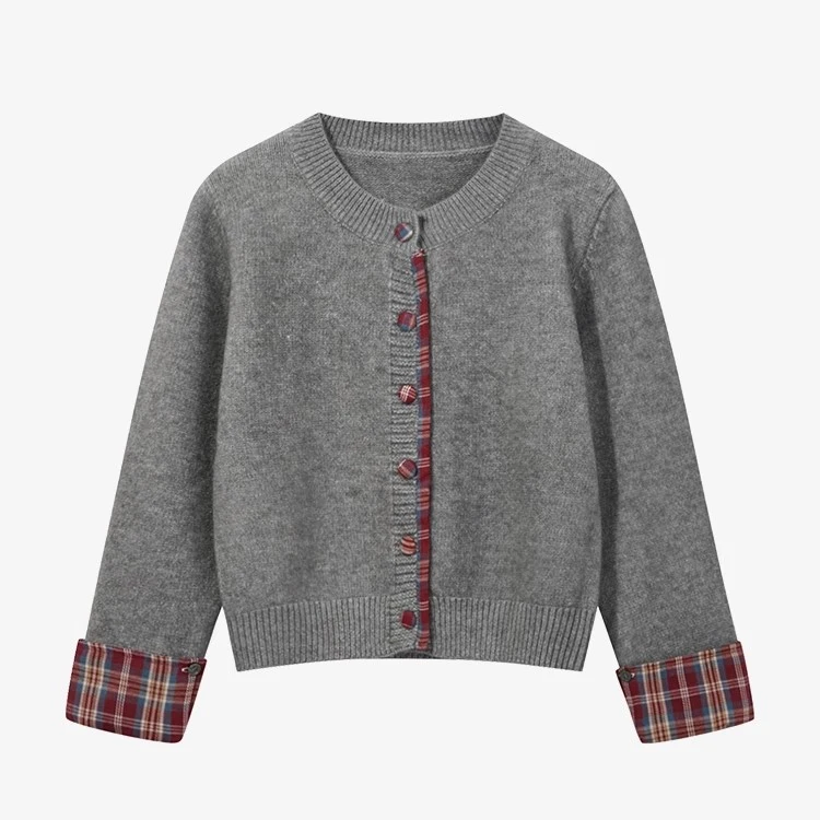 现现-韩系拼接格子毛衣女2024秋冬宽松保暖休闲开衫68080