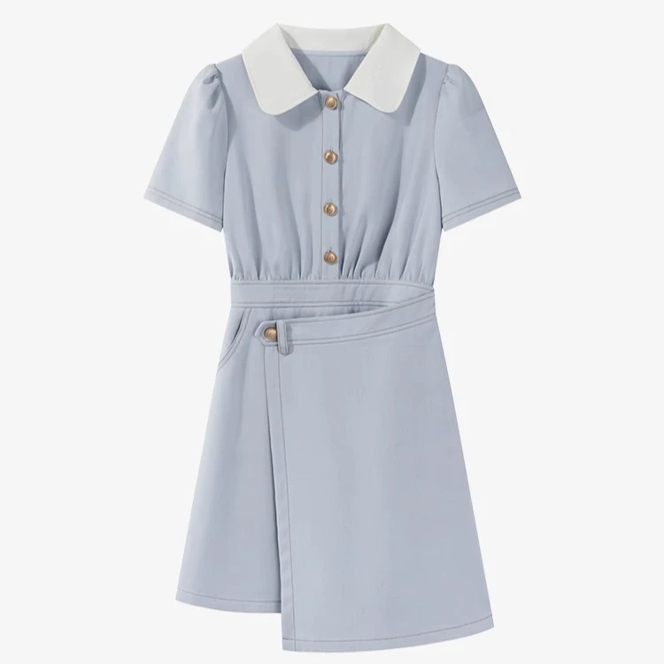 现现-蓝色polo领收腰连衣裙设计感不规则连衣裙Y40641949