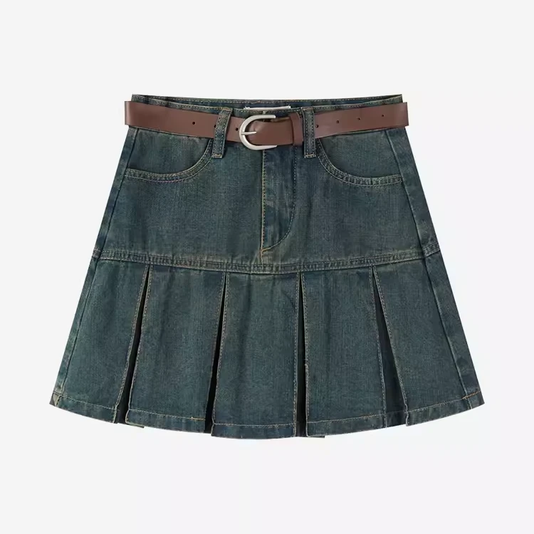 羊城故事复古百褶牛仔半身裙春季a字高腰显瘦牛仔裙919053