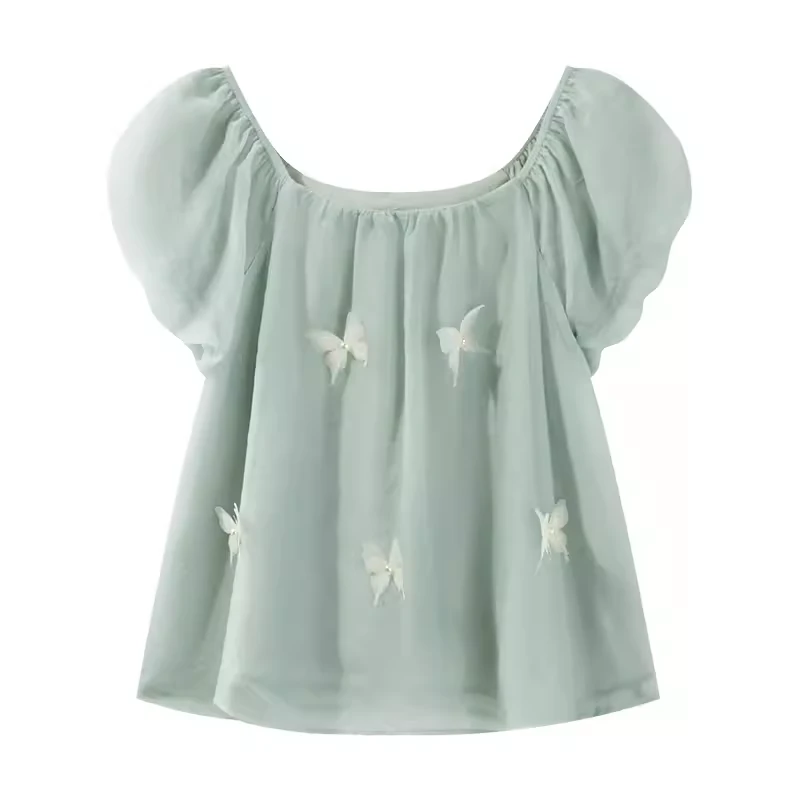 纯欲甜美绿色立体蝴蝶上衣女夏薄款气质显瘦衬衫1808