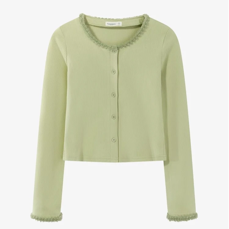 羊城故事-磨毛软糯长袖下摆拼接织带修身显瘦短款上衣Y41045265