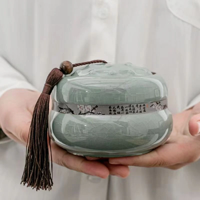 青瓷哥窑茶叶茶具罐带盖防潮密封粗陶珐琅彩大号多用储存茶罐子